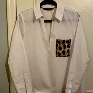 White Oversized Blouse with Leopard Pocket